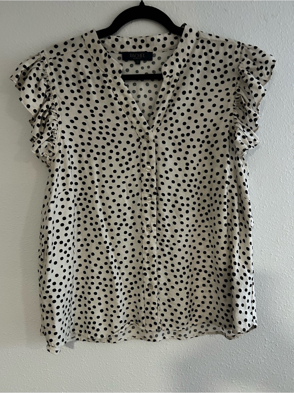 RACHEL Rachel Roy White Blouse with Black Polka Dots and Ruffle Sleeves